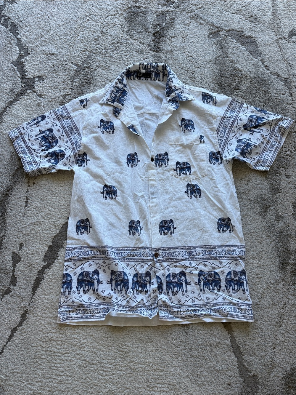 Casual Cotton White & Navy Elephant Print Short-Sleeve Shirt